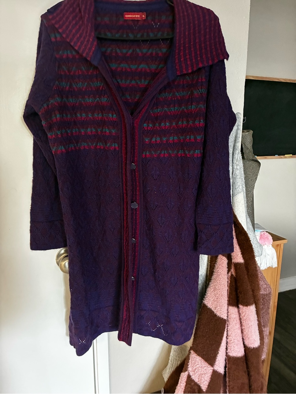 Long Purple Knit Cardigan with Patterned Yoke